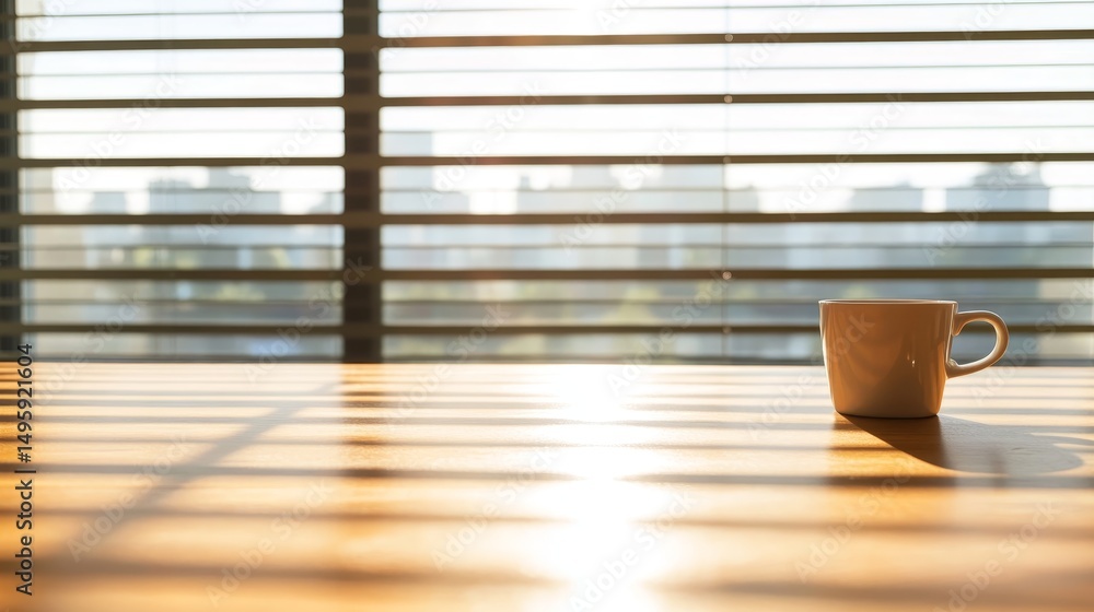 Poster soft sunlight filters through blinds, casting striped shadows on the polished wooden table where a q