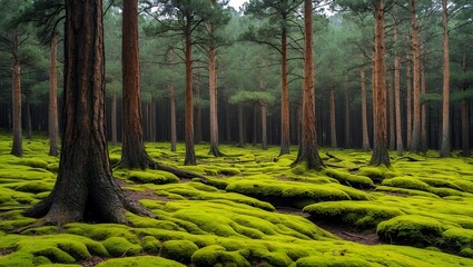 A serene forest scene with pine trees and moss