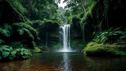 Obraz premium A serene hidden waterfall nestled in lush rainforest