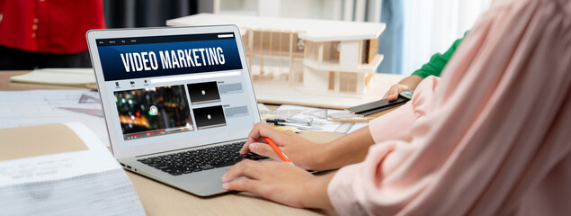 Video Marketing Concept on Laptop Screen. Video Marketing Advertising Business on Social Media and...