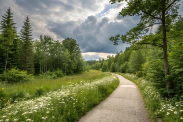Fototapeta premium Serene Pathway Through Lush Green Forest A Stunning Nature Background
