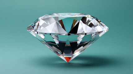 Fototapeta premium A brilliantly cut and sparkling diamond glistens against a soft turquoise backdrop, highlighting its many facets and exceptional clarity with shadow beneath it.