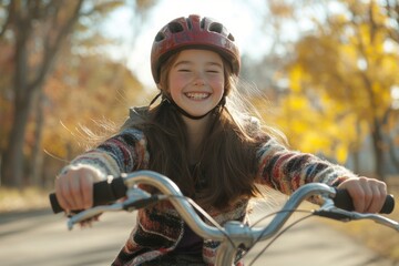 Obraz premium Joyful girl riding her bike through a sunlit park during autumn with vibrant leaves and a relaxed atmosphere