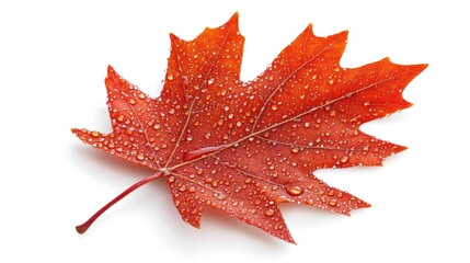 Vibrant autumn leaf, covered in dew drops