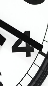 Close-Up Of A Modern Clock Face With The Hour Hand Pointing To The Number Four. Time Concept, Four O'Clock. Vertical