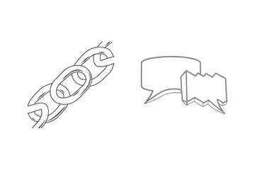 Black and white line art depicting a chain connected to speech bubbles for communication