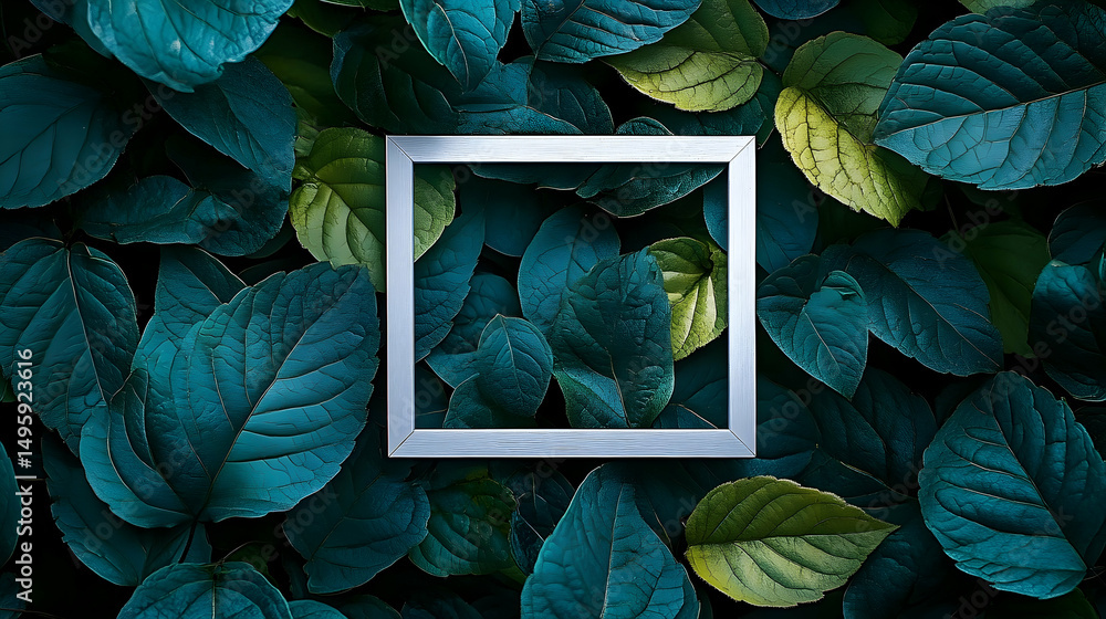 Poster empty frame set against a background of deep teal and lime green leaves.