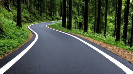 Winding asphalt road through a lush green forest with tall trees and vibrant foliage