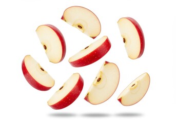 Apple slices floating isolated on white background, fresh and juicy