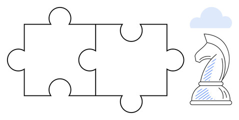 Chess knight next to two puzzle pieces and a small cloud. Ideal for teamwork, strategy, logic, innovation, planning, creativity, problem-solving. Flat simple metaphor