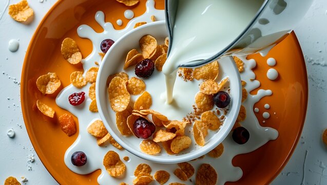 Aerial view of cereal with milk splashing