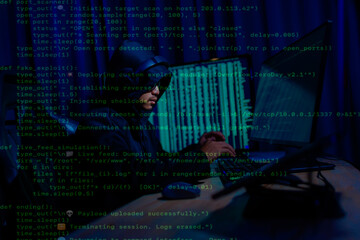 Hacker working in a dark room, deeply focused on hacking activities, surrounded by glowing screens...