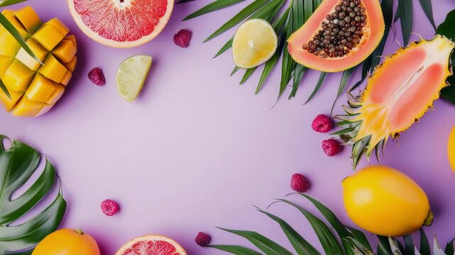 A frame of beautiful tropical fruit, isolated on lilac background, Generative AI Videos.