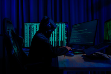 Hacker working in a dark room, deeply focused on hacking activities, surrounded by glowing screens...