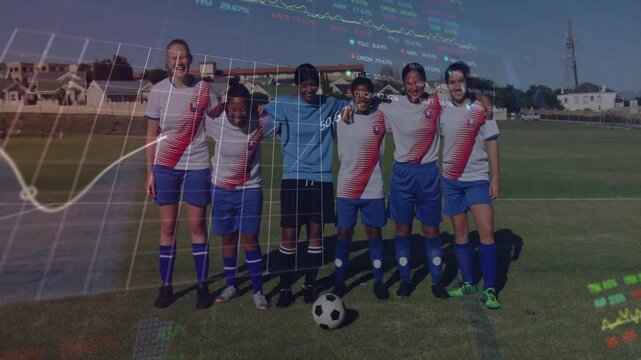 After pause six female soccer players on pitch showing sports technology chart overlay for analysis