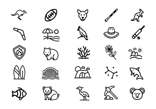 Black And White Australian Culture Animals Nature Landmarks Icons Set