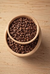 Fototapeta premium Light roasted coffee beans in a smooth, light-colored wooden cup , minimal, latte