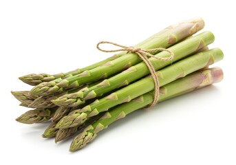 Fresh asparagus bundle tied isolated on white background, close to 70