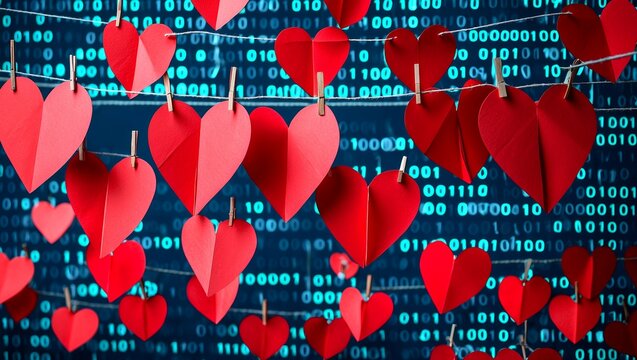 Binary code background with hearts for online dating