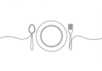 Minimalist line art of plate, fork, and spoon isolated on white background