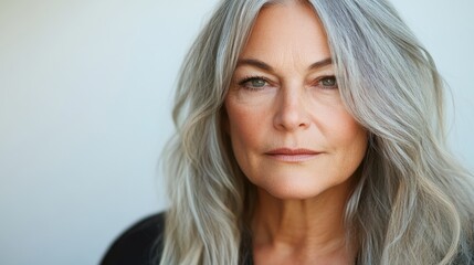 Naklejka premium A mature woman with long silver hair captivates with her expression and features, illuminated softly by natural light in a minimalist setting