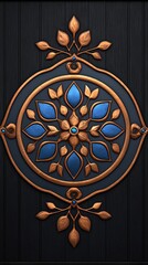Intricate Copper and Blue Floral Medallion on Dark Wood