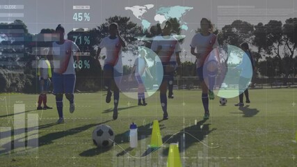 Female soccer team starting high-knee drill at cones at whistle, showing tech graphs