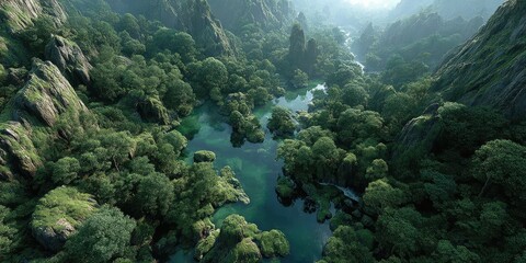 Lush green valley surrounded by mountains with crystal clear waters reflecting the sunlight at dawn