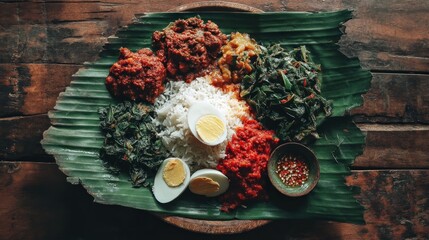Colorful Asian rice dish on a banana leaf