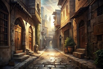 Fototapeta premium Sunlit Cobblestone Alleyway in Ancient City High-Resolution Digital Painting