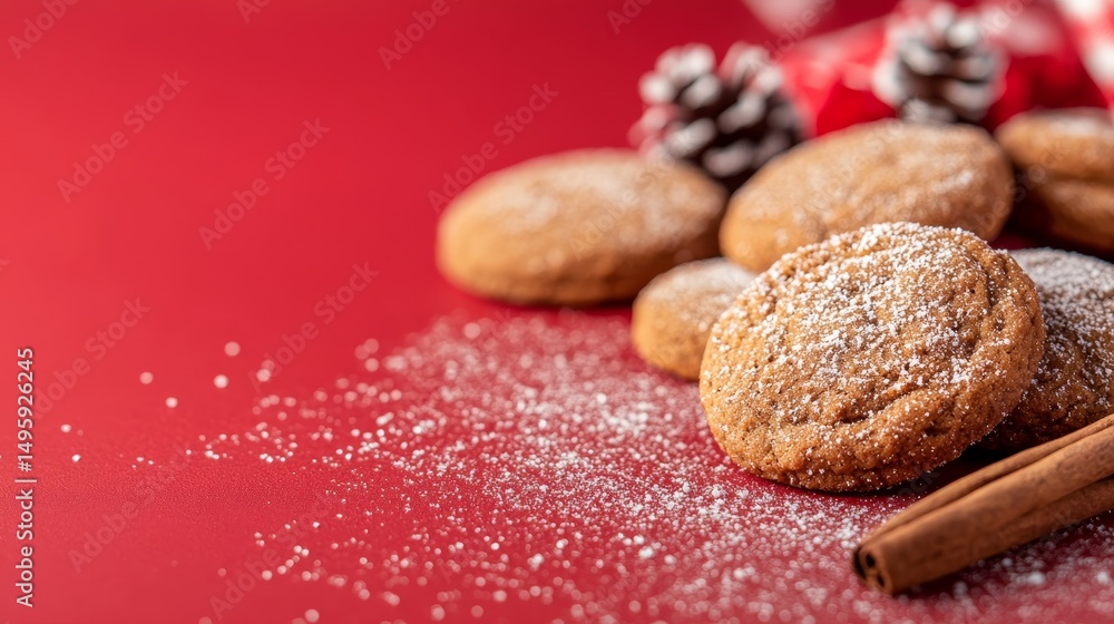 Poster cookies dusted with powdered sugar are set against a vibrant red backdrop adorned with white snowfla