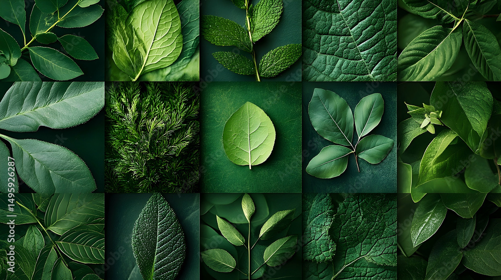 Poster a collection of various green leaves arranged in a grid pattern.