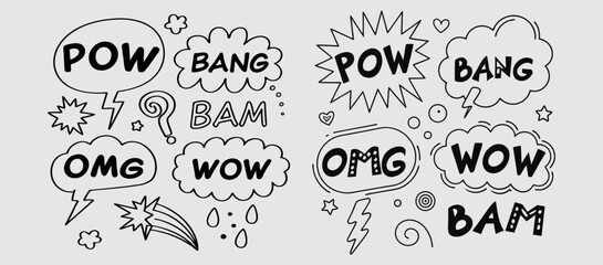 Comic boom cartoon effect line element set. Comic speech bubble pow, boom text, explosive splash smoke, wow cartoon vector icon. Hand drawn sketch doodle explosive element. Vector illustration. EPS.