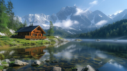 Naklejka premium A cabin by the water, framed by mountains and a picturesque natural landscape