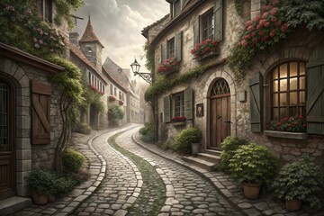 Fototapeta premium Charming Cobblestone Street in Old European Town A Digital Painting