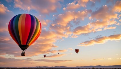 Obraz premium Colorful Hot Air Balloons Ascending into the Sky During an Enchanting Sunset with Dramatic Clouds