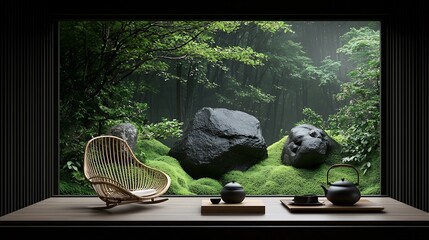 Tranquil Zen garden view from interior room.  Relaxing minimalist design