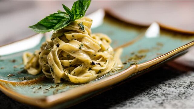 Delicious pesto pasta on a rustic plate