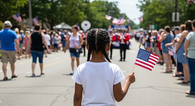 Child holding small American flag at 4th of July parade