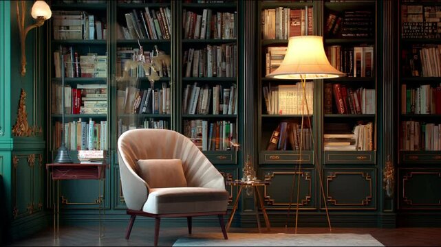 Cozy library ambiance with reading chair and bookshelf
