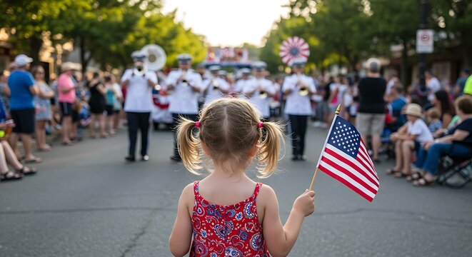 Child holding small American flag at 4th of July parade