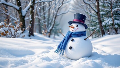 Obraz premium Cheerful Snowman in Winter Landscape Surrounded by Snowy Trees and Falling Snowflakes