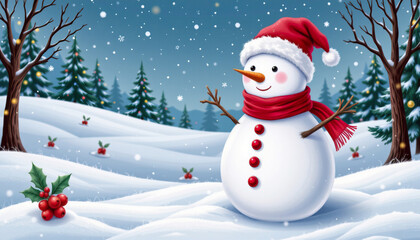 Cheerful snowman in winter landscape wearing a red scarf and hat with falling snowflakes in a serene setting