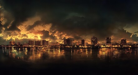 Illuminated West Palm Beach Skyline: A Nighttime Cityscape of Florida's Waterfront with Architectural Brilliance