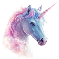 Majestic Unicorn with Pastel Mane and Sparkling Details in a Dreamlike Setting on transparent background