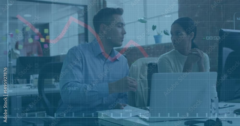 Poster business colleagues picking charts and analyzing data trends with animated line graph overlay