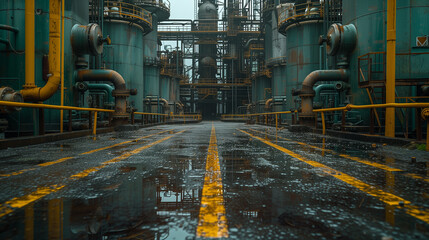 Naklejka premium Rainy day in a city factory with a yellow line on the asphalt road