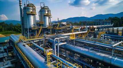 Fototapeta premium an aerial view of a large industrial plant with pipes and machinery