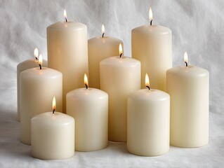 A cluster of  cream-colored candles in various sizes,  all  lit,  creating a warm glow