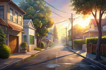 Fototapeta premium Serene Morning Sunlight on a Quiet Residential Street